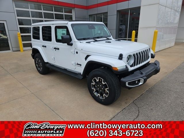 2026 Jeep Wrangler Sahara in Bright White Clear-Coat Exterior Paint — front three-quarter view