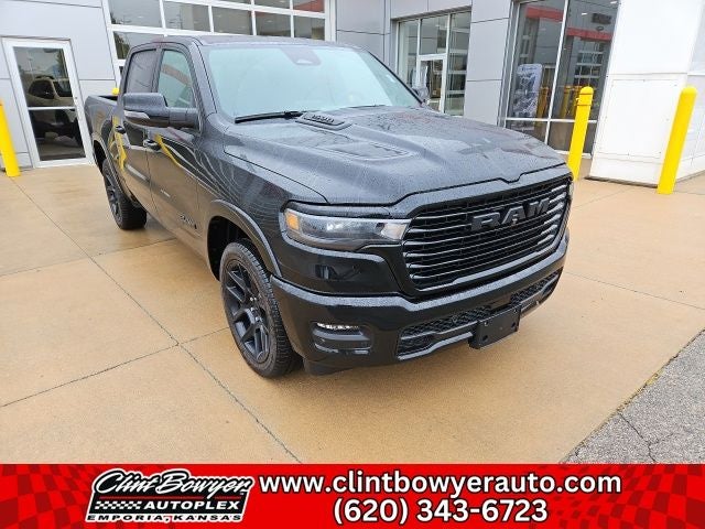 2026 RAM 1500 Laramie in Diamond Black Crystal Pearl-Coat Exterior Paint — front three-quarter view