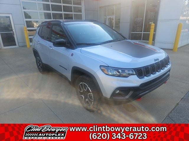 2026 Jeep Compass Trailhawk in Silver Zynith Metallic Clear-Coat Exterior Paint — front three-quarter view
